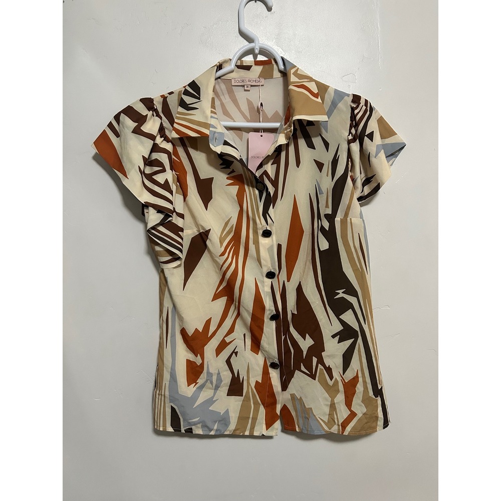 NWT DOLORES PROMESAS Beige Abstract Print Short Sleeve Button Up‎ Size 38